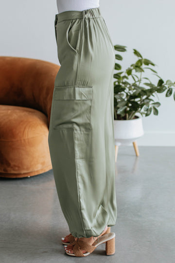 Adara Satin Cargo Pants - Olive