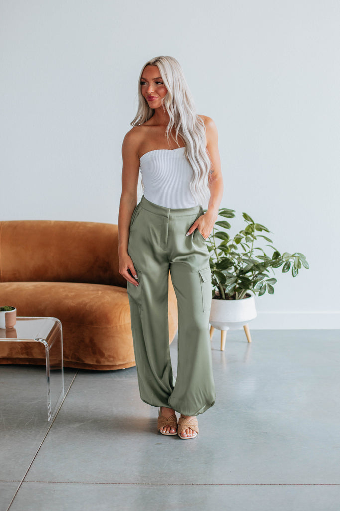 Adara Satin Cargo Pants - Olive