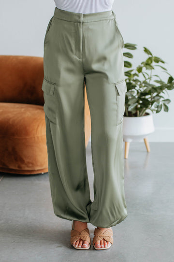Adara Satin Cargo Pants - Olive