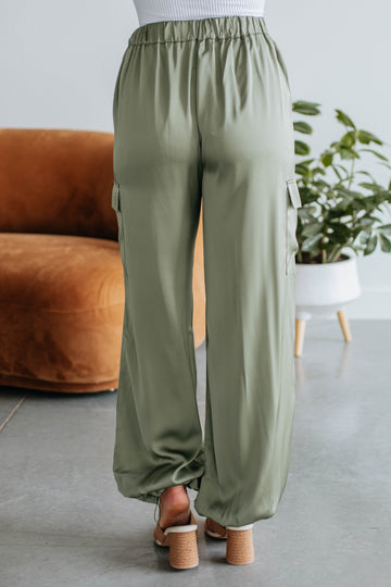 Adara Satin Cargo Pants - Olive