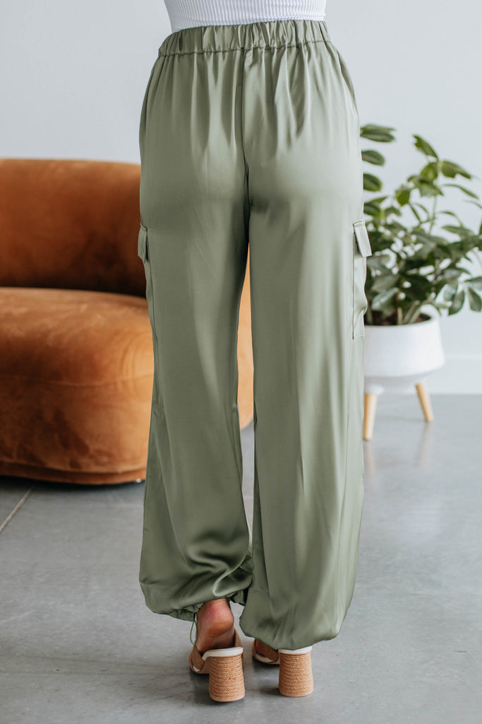 Adara Satin Cargo Pants - Olive