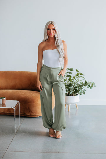 Adara Satin Cargo Pants - Olive