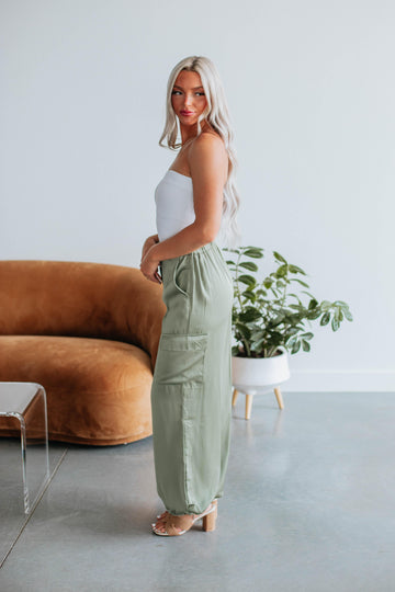 Adara Satin Cargo Pants - Olive