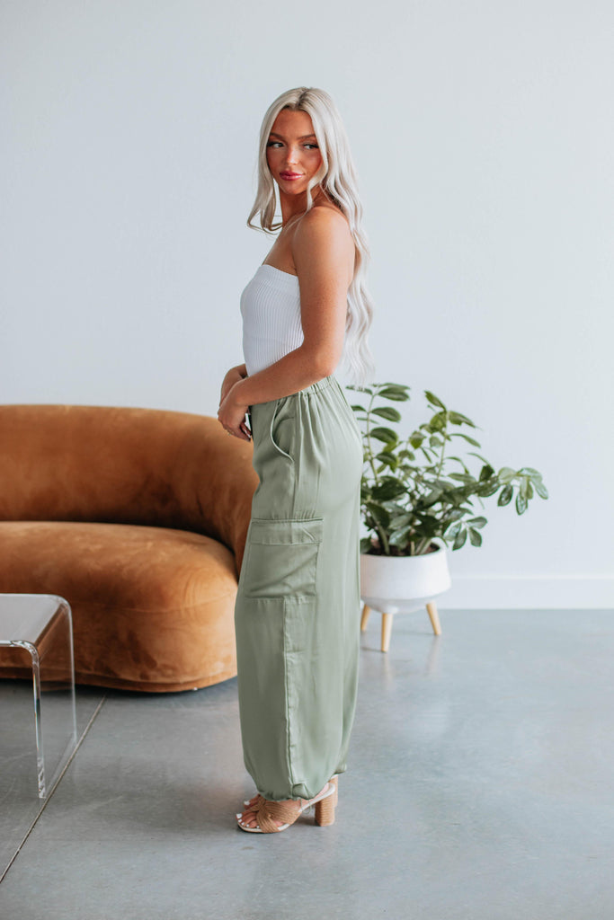 Adara Satin Cargo Pants - Olive