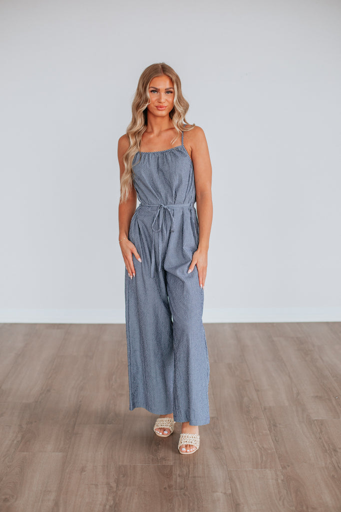 Brielle Striped Jumpsuit - Steel Blue
