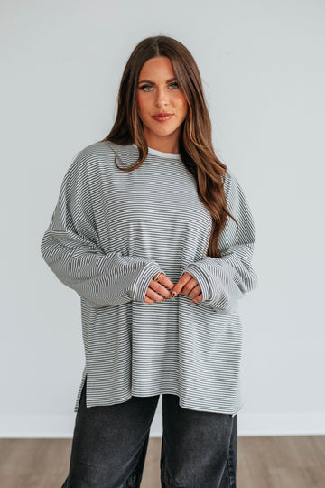 Cayla Striped Top - Charcoal Mix