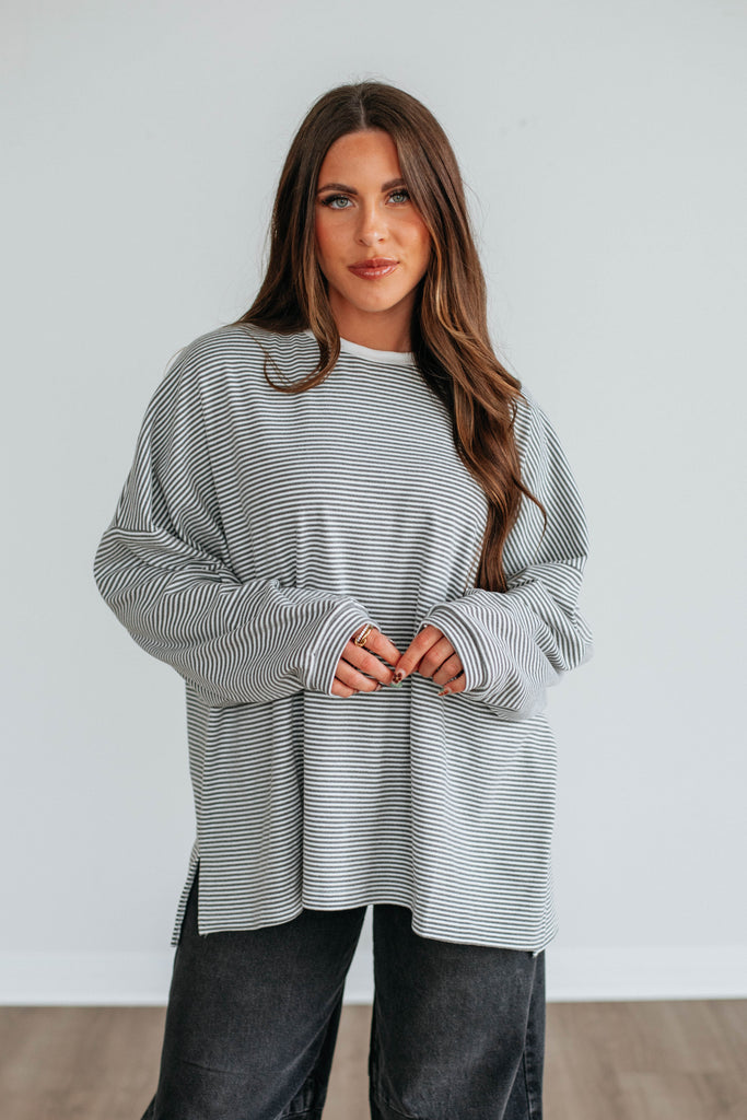 Cayla Striped Top - Charcoal Mix