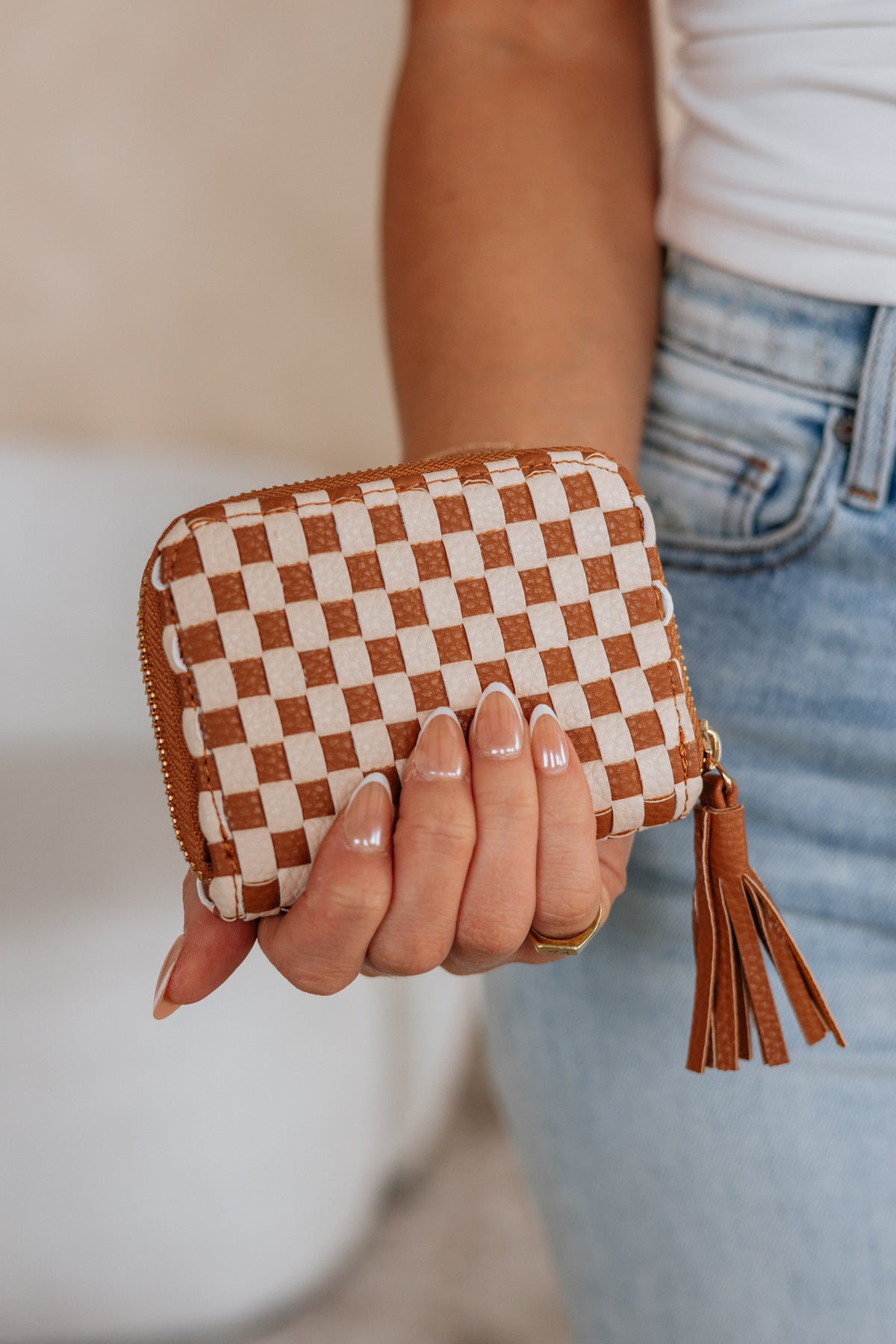 Never On Schedule Checkered Wallet Cognac