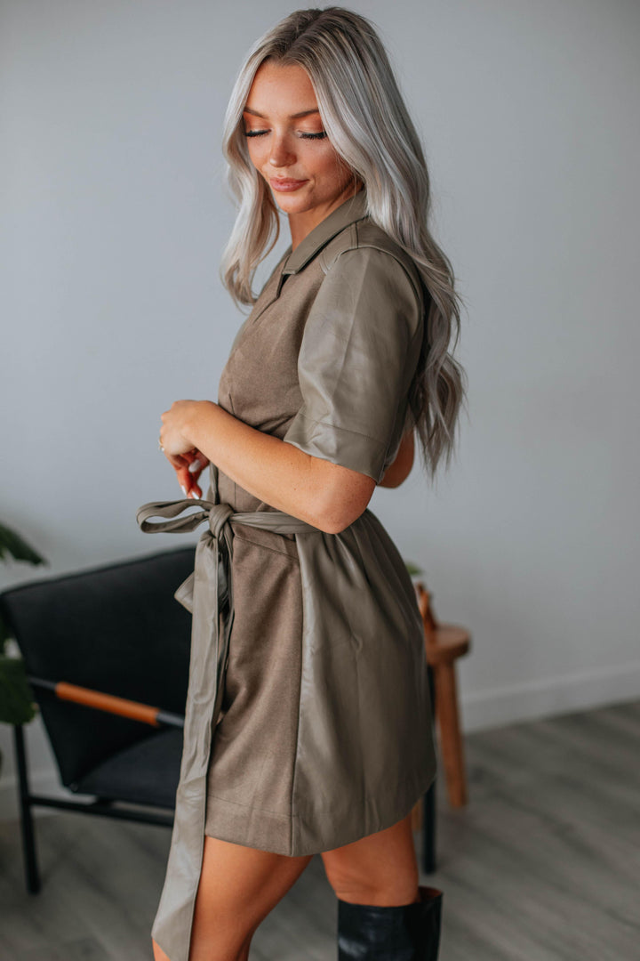 Angie Leather Contrast Dress - Artichoke