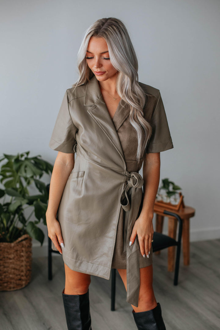 Angie Leather Contrast Dress - Artichoke