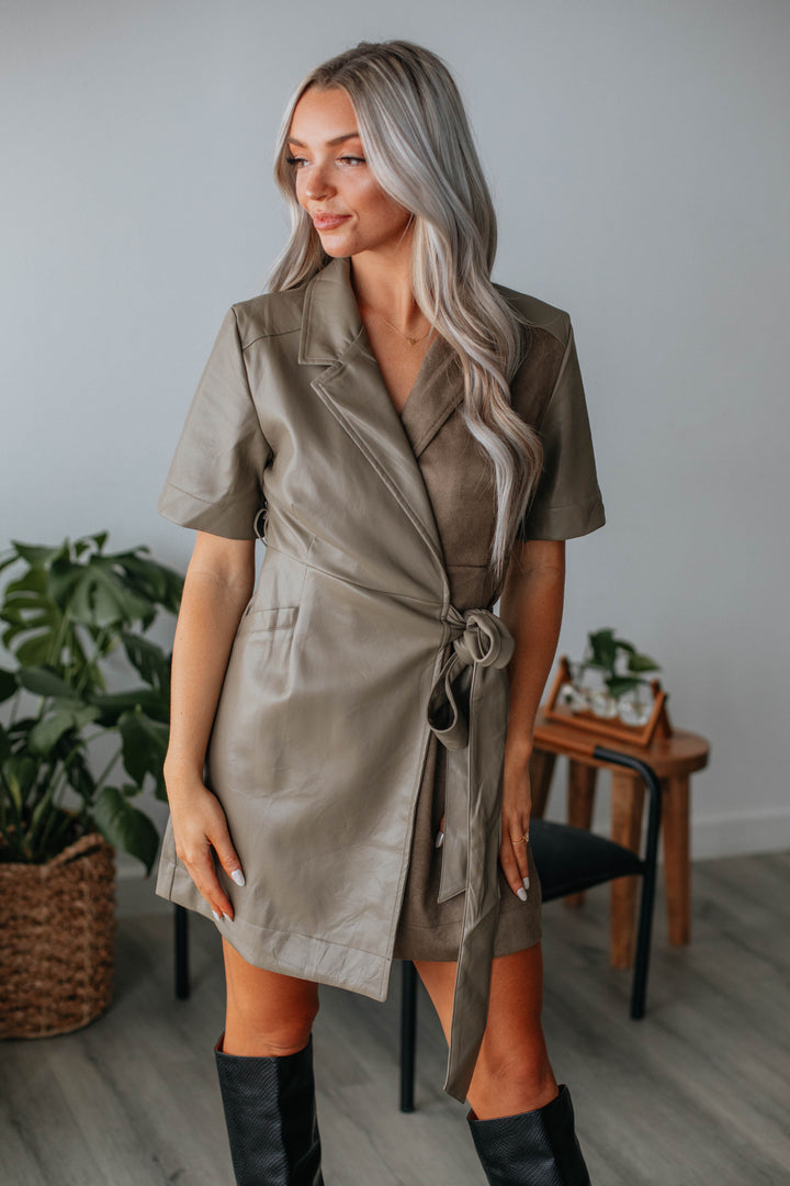 Angie Leather Contrast Dress - Artichoke