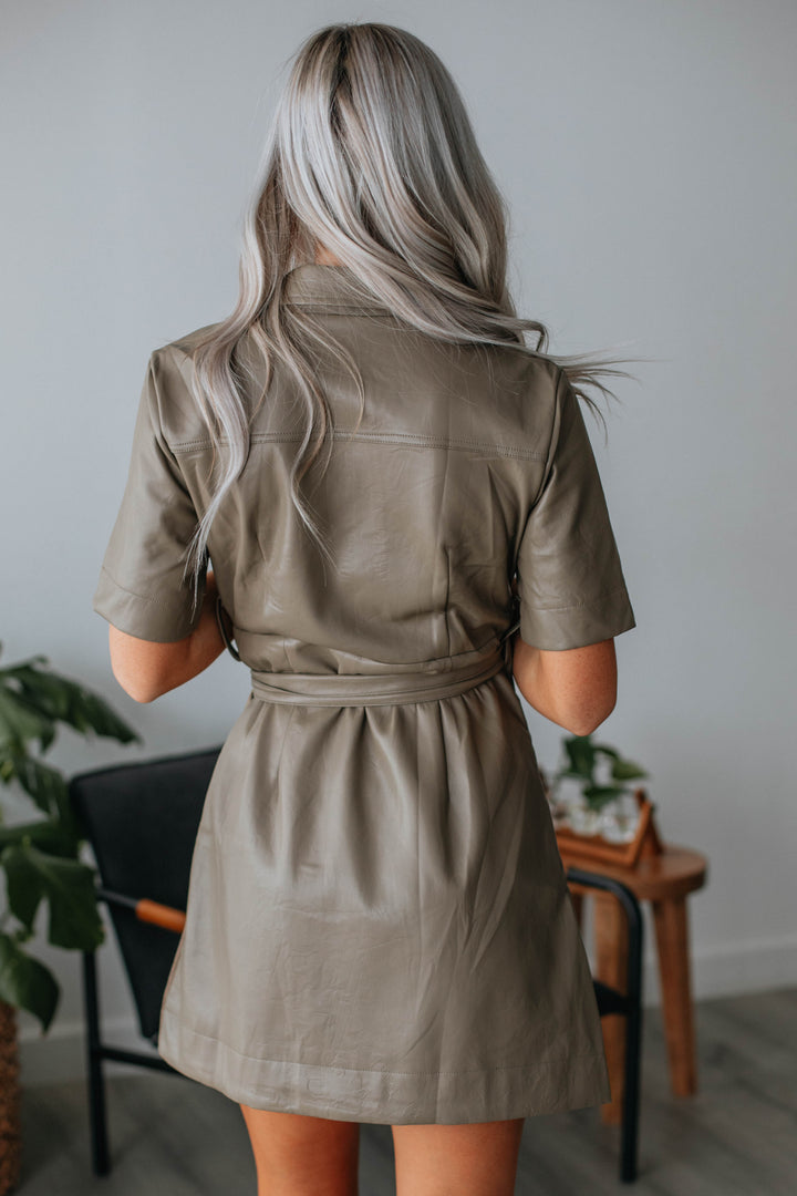 Angie Leather Contrast Dress - Artichoke