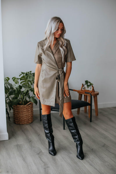 Angie Leather Contrast Dress - Artichoke
