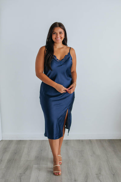 Areeva Satin Midi Dress - Navy