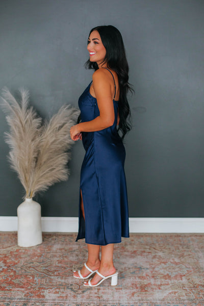 Areeva Satin Midi Dress - Navy