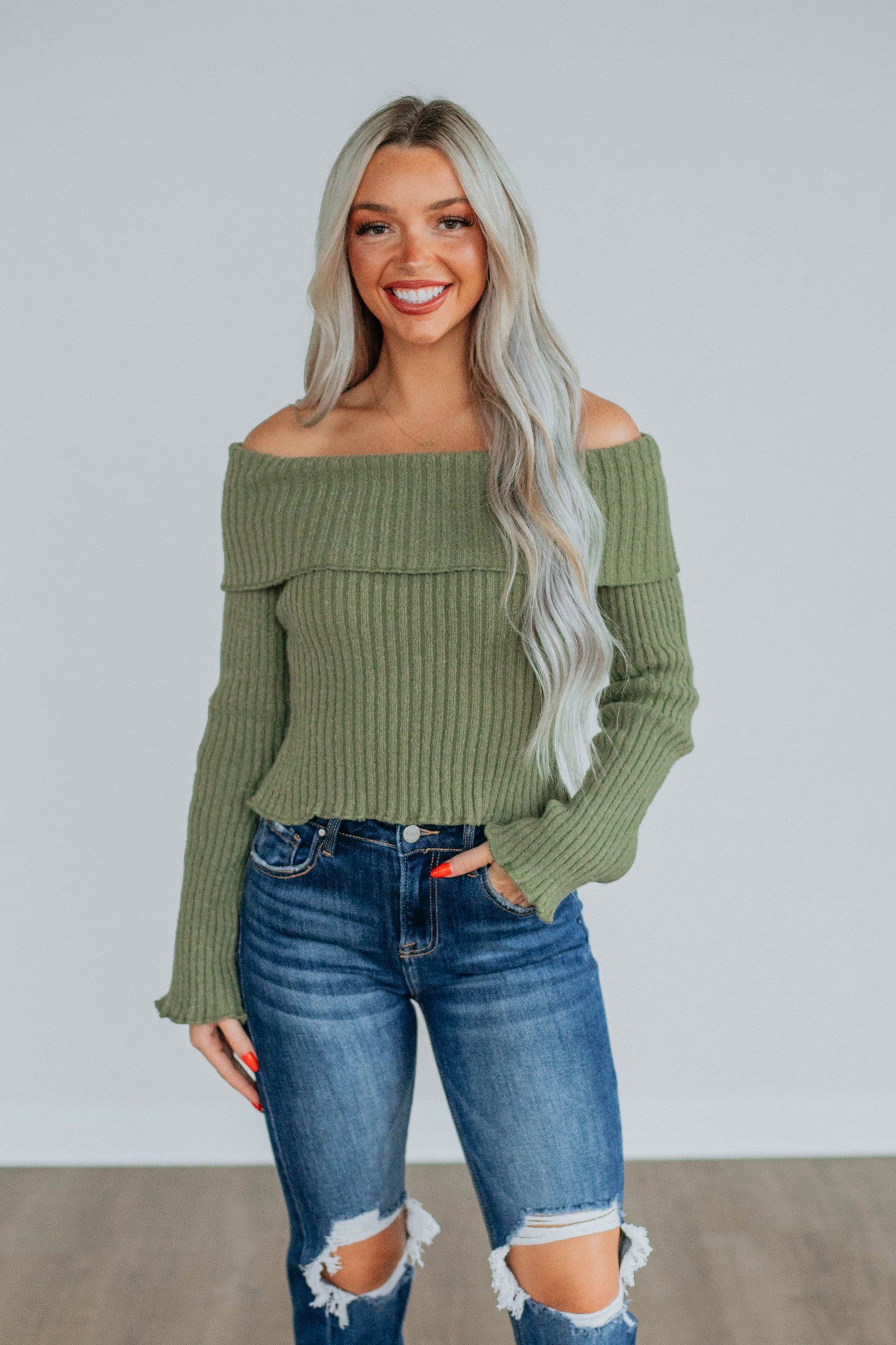 Elaine Off Shoulder Sweater - Olive