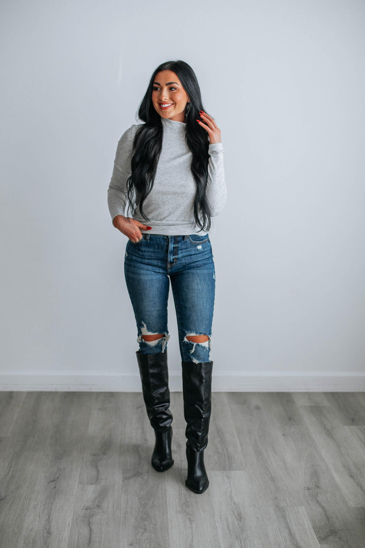 Evelina Mock Neck Top - Heather Grey