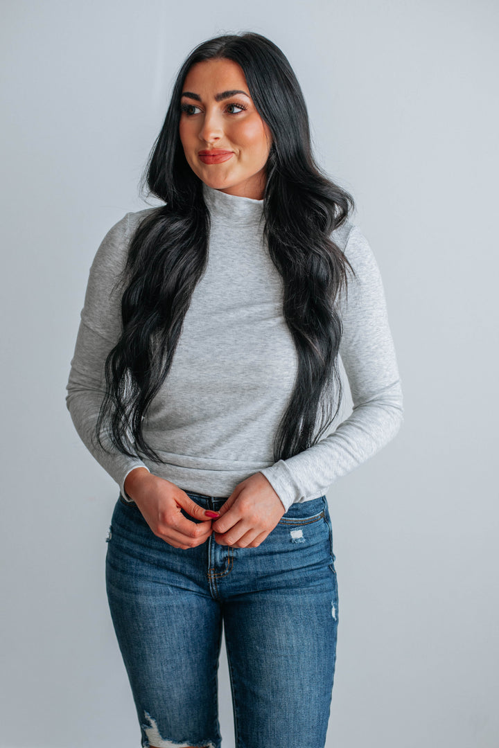 Evelina Mock Neck Top - Heather Grey