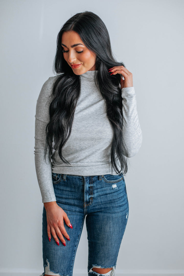 Evelina Mock Neck Top - Heather Grey