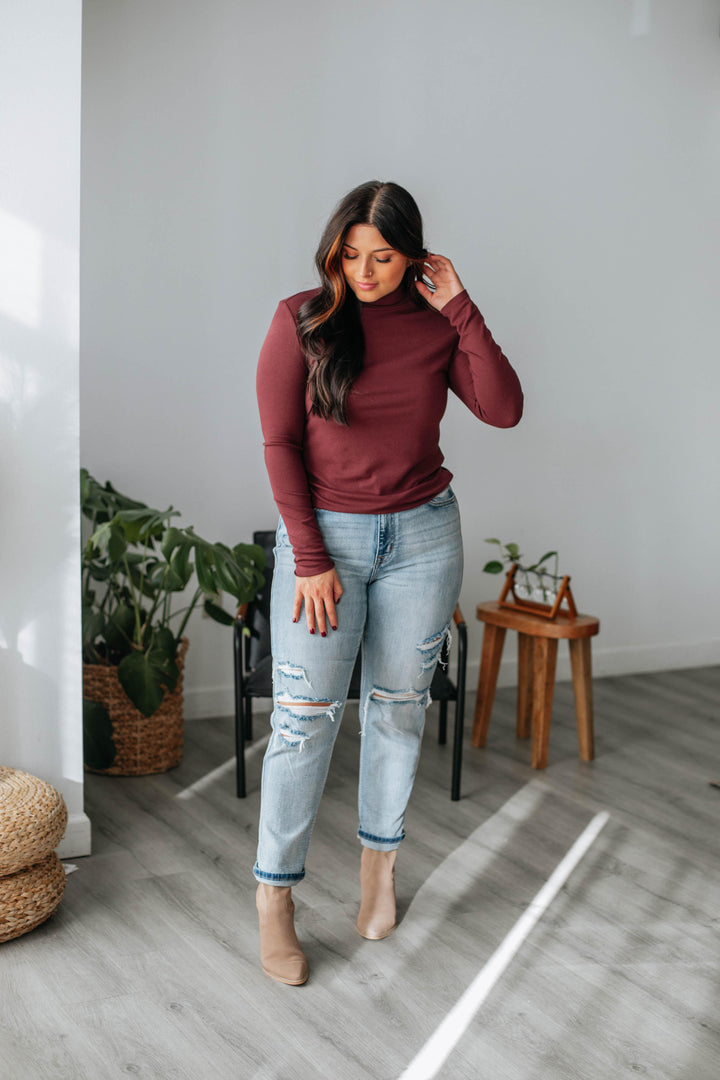 Evelina Mock Neck Top - Wine
