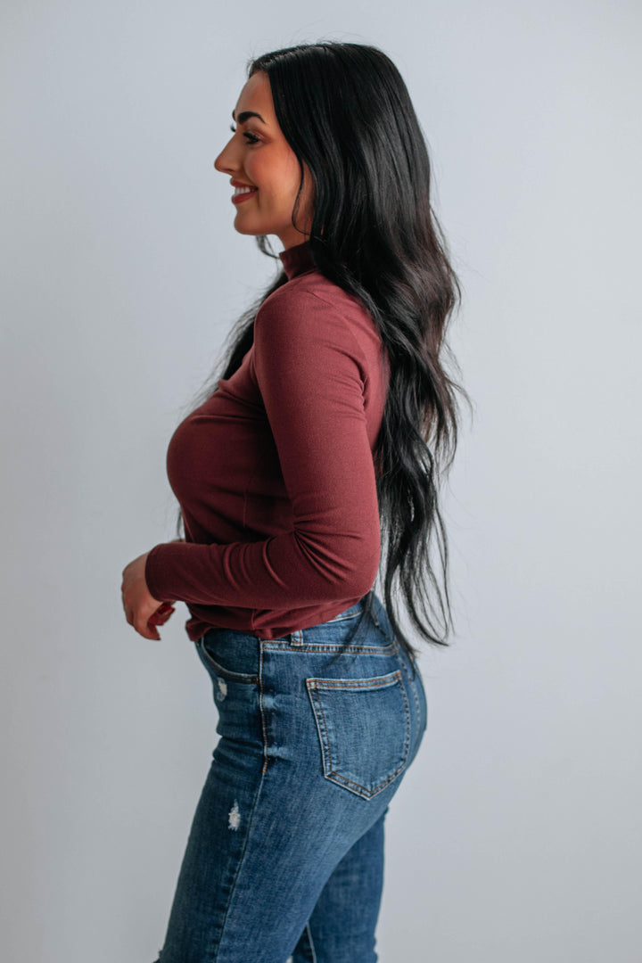 Evelina Mock Neck Top - Wine