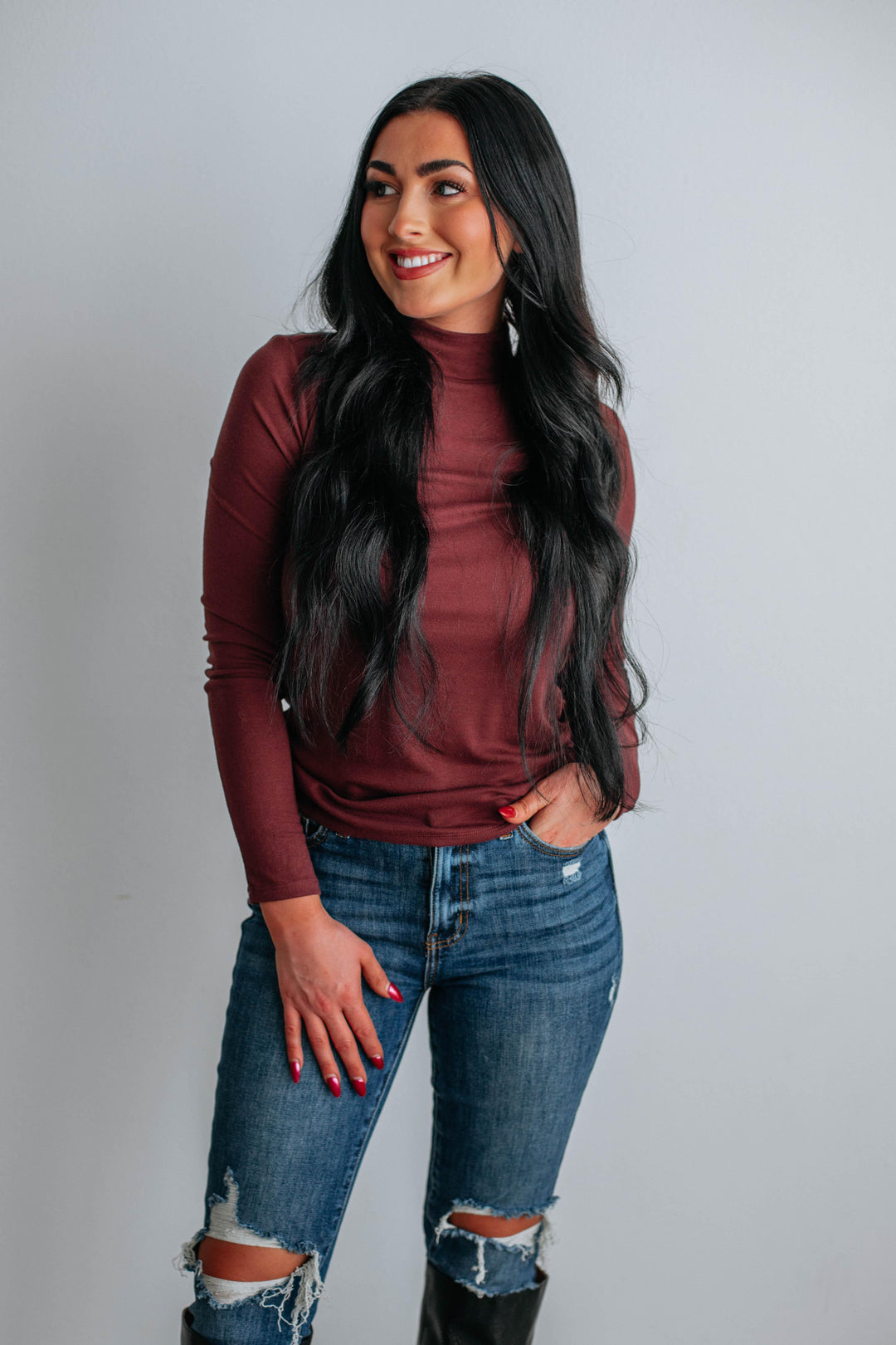 Evelina Mock Neck Top - Wine