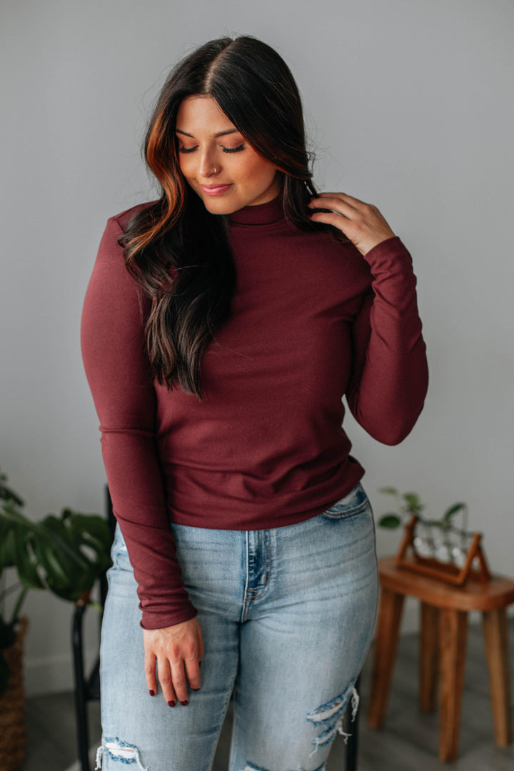 Evelina Mock Neck Top - Wine