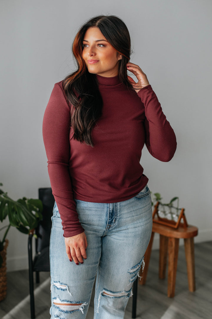 Evelina Mock Neck Top - Wine