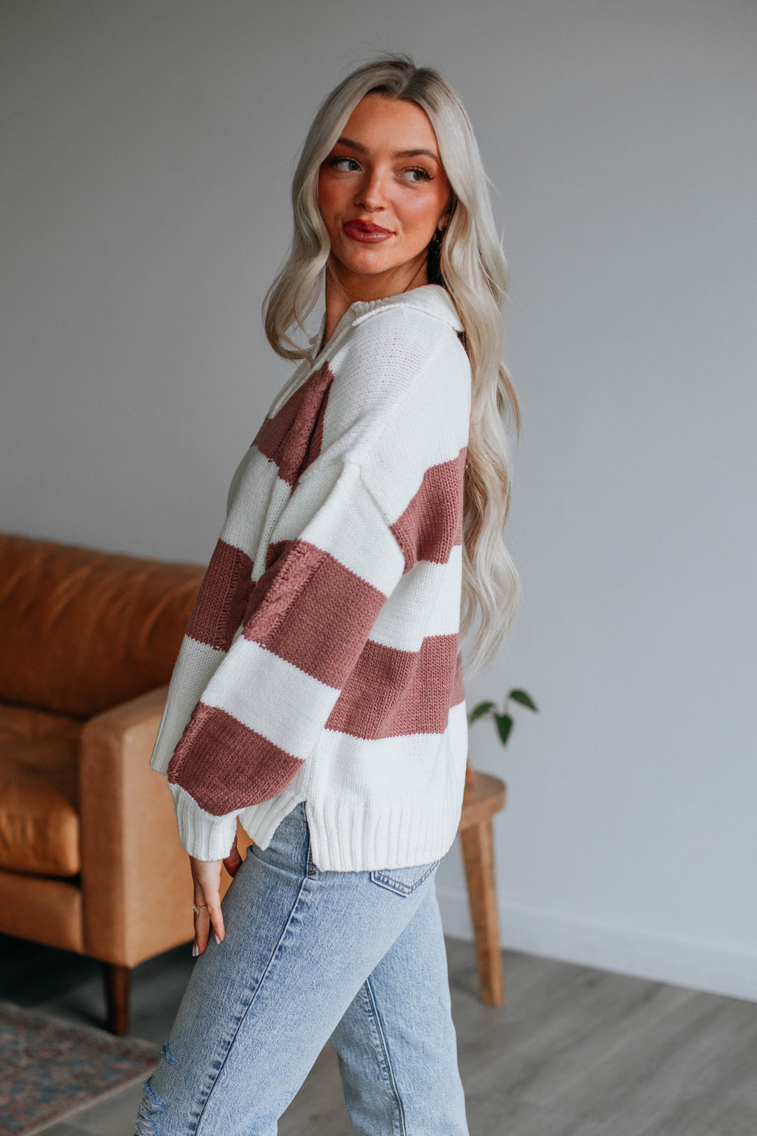 Heather Striped Sweater - Dark Mauve