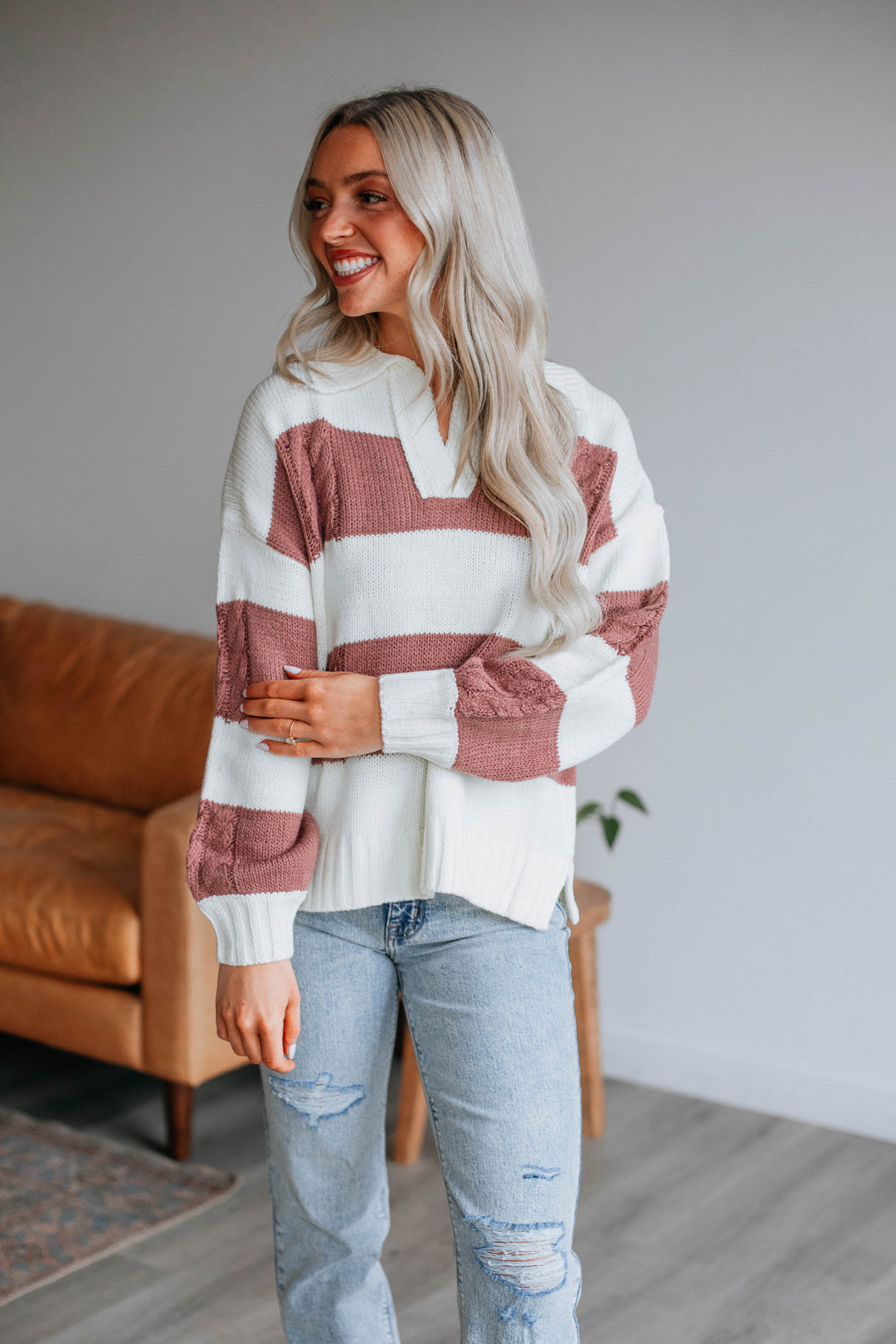 Heather Striped Sweater - Dark Mauve