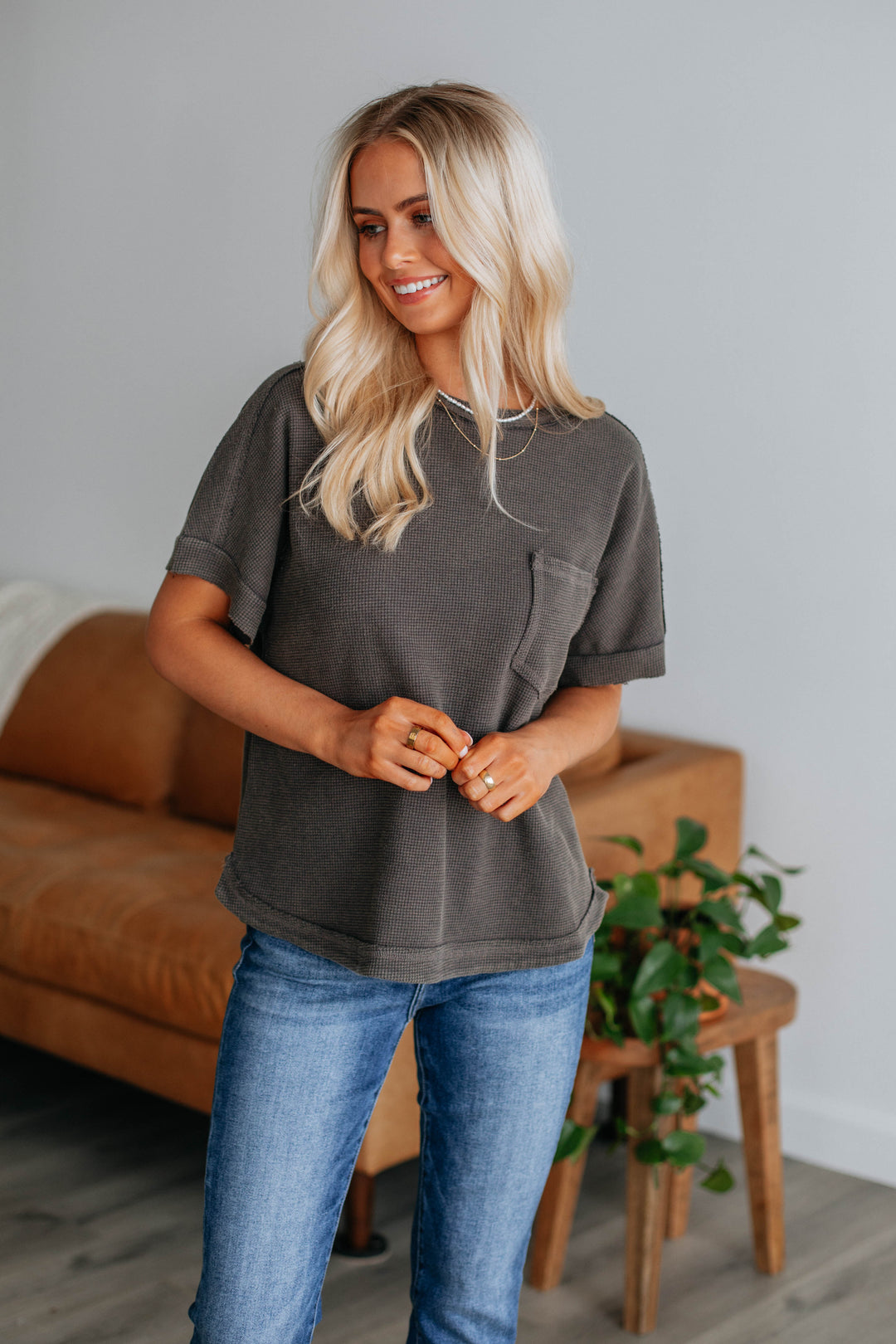 Holden Waffle Knit Top - Charcoal