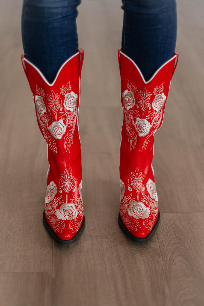 Center Stage Cowgirl Boots - Cherry