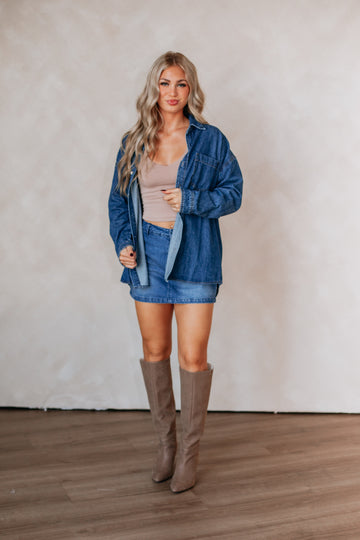 Jersie Denim Shacket - Medium Wash