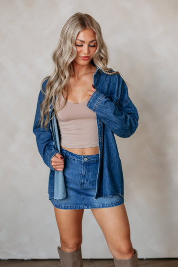 Jersie Denim Shacket - Medium Wash