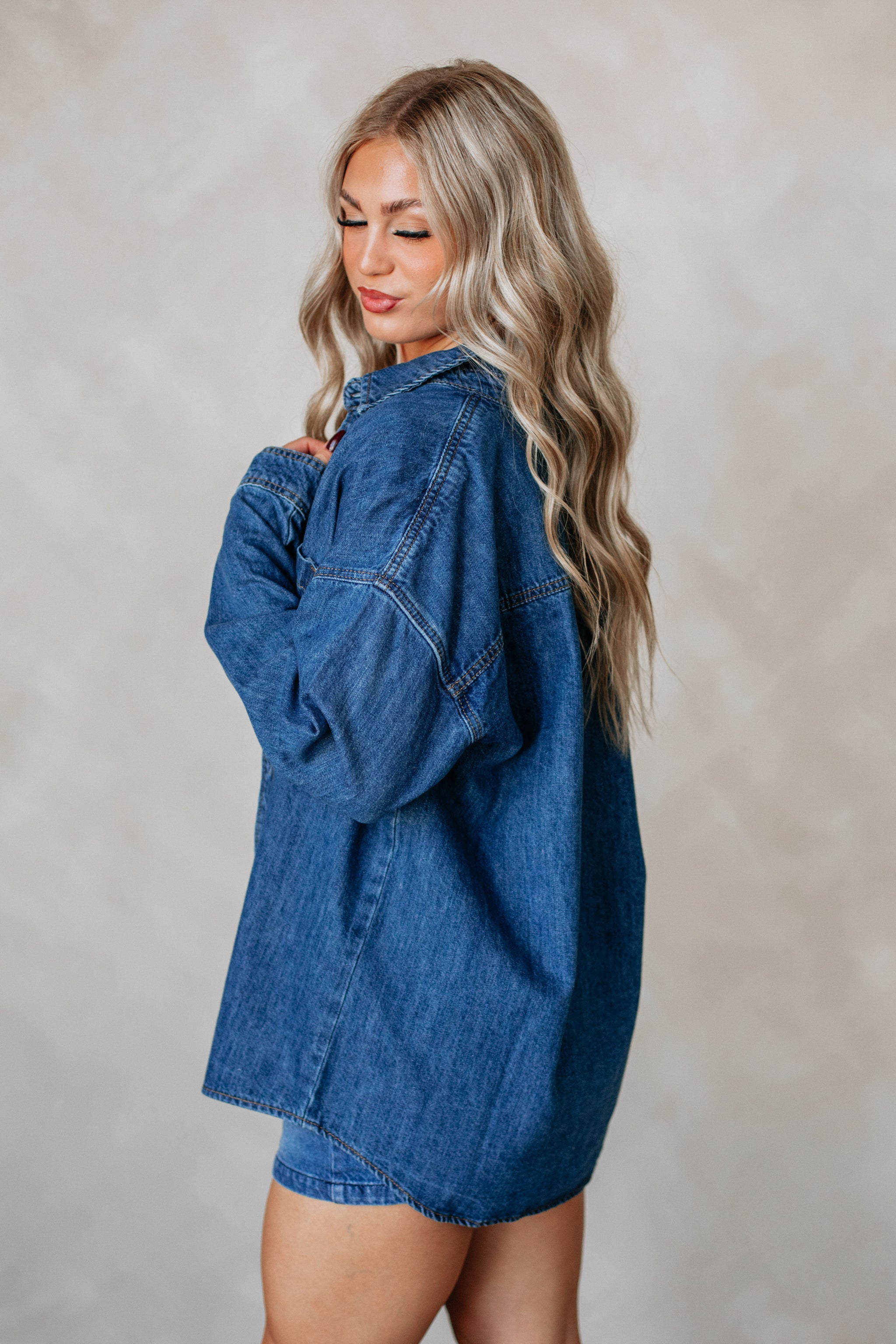 Jersie Denim Shacket - Medium Wash