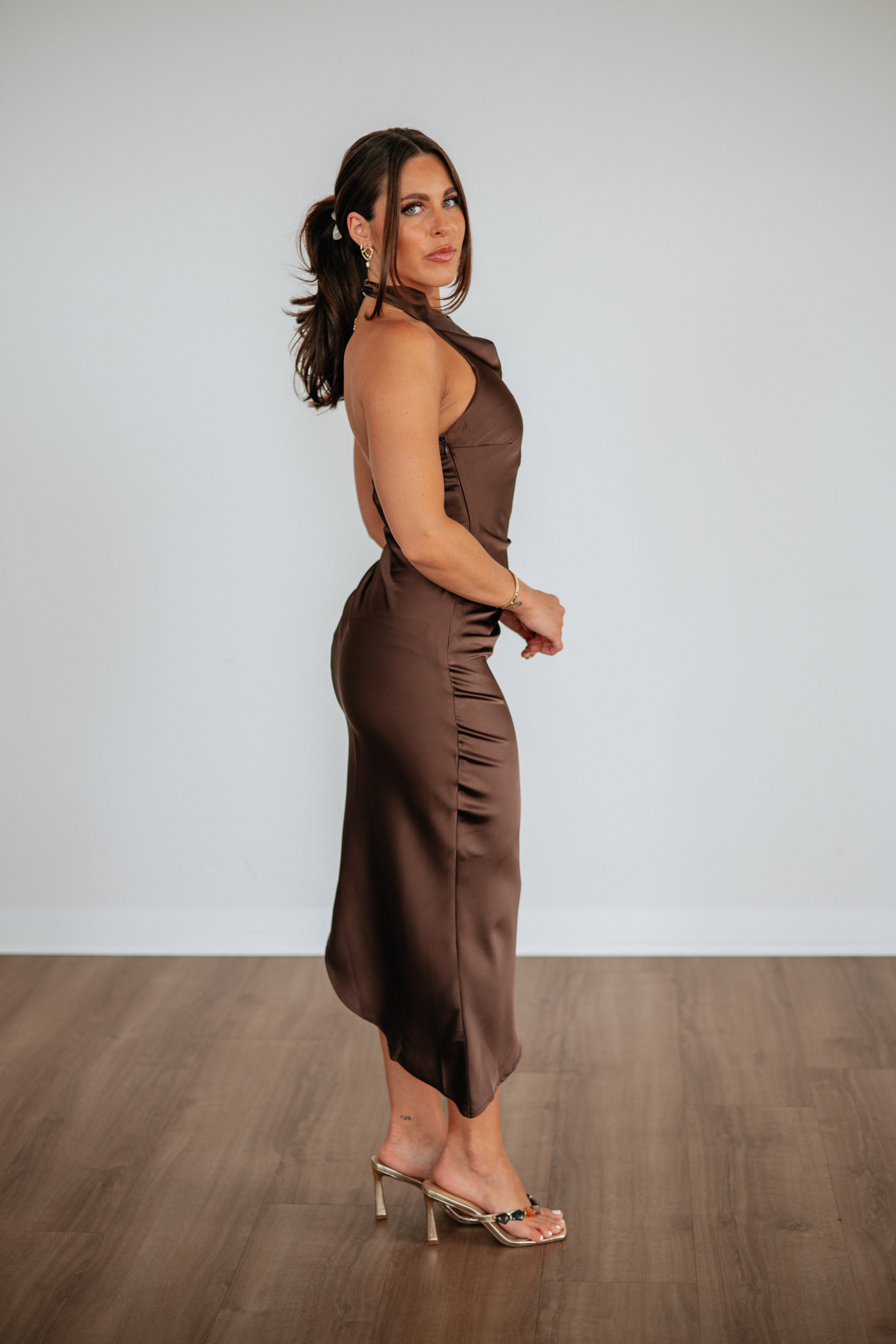 satin dress heels Olive Green Satin dress by Just Add Heels