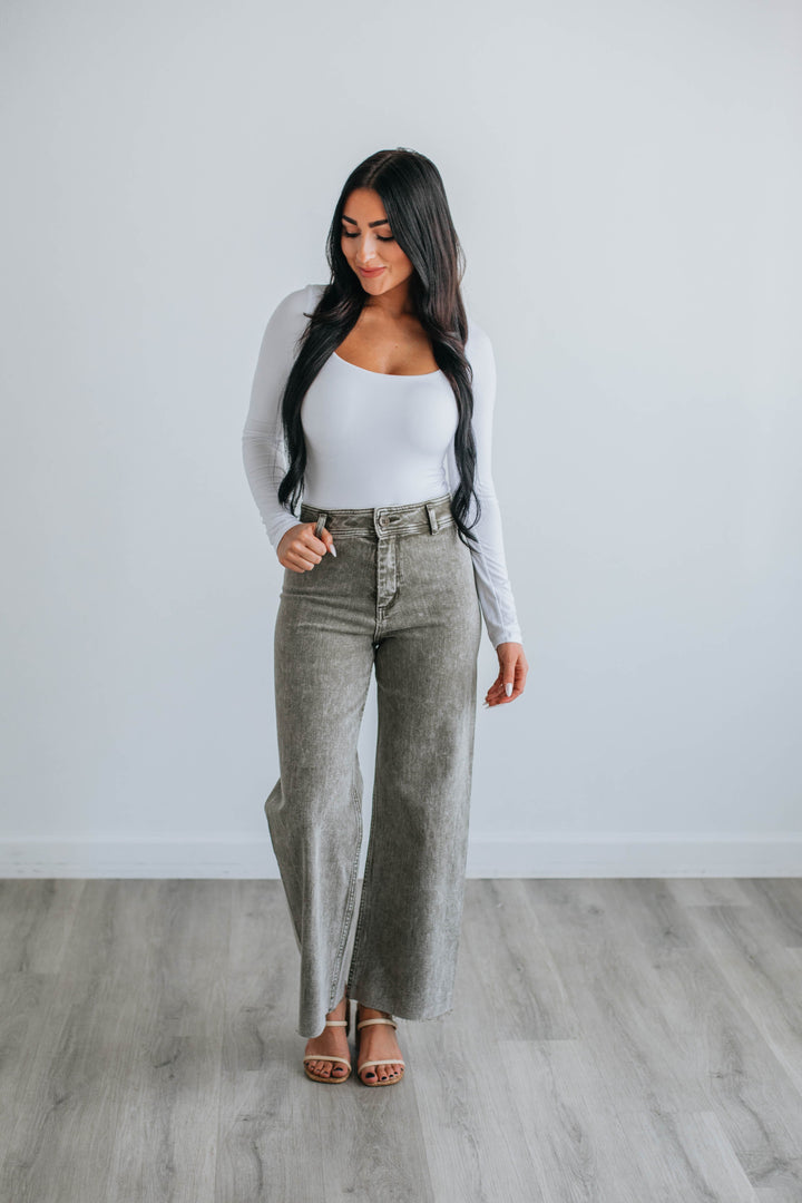 Kirby Wide Leg Pants - Washed Olive