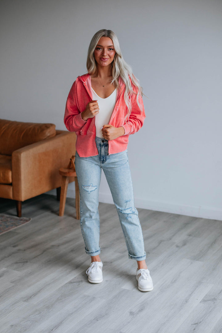 Maxwell Washed Zip-Up Hoodie - Coral