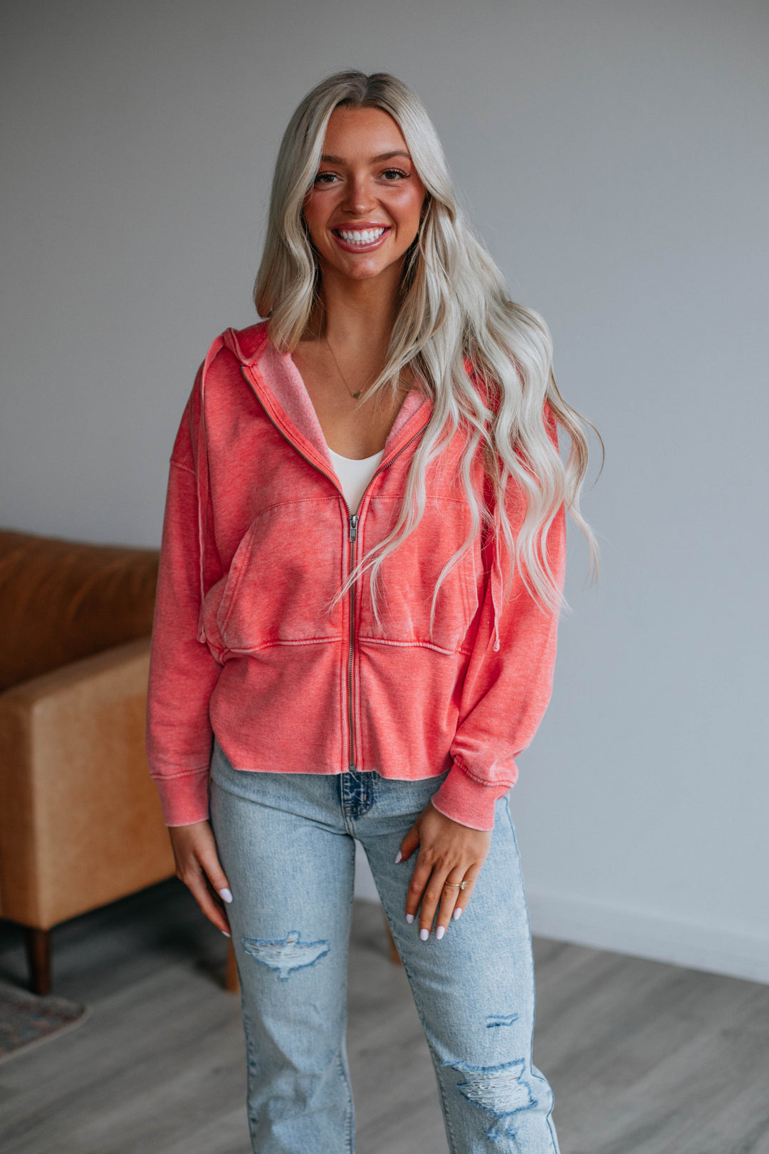 Maxwell Washed Zip-Up Hoodie - Coral