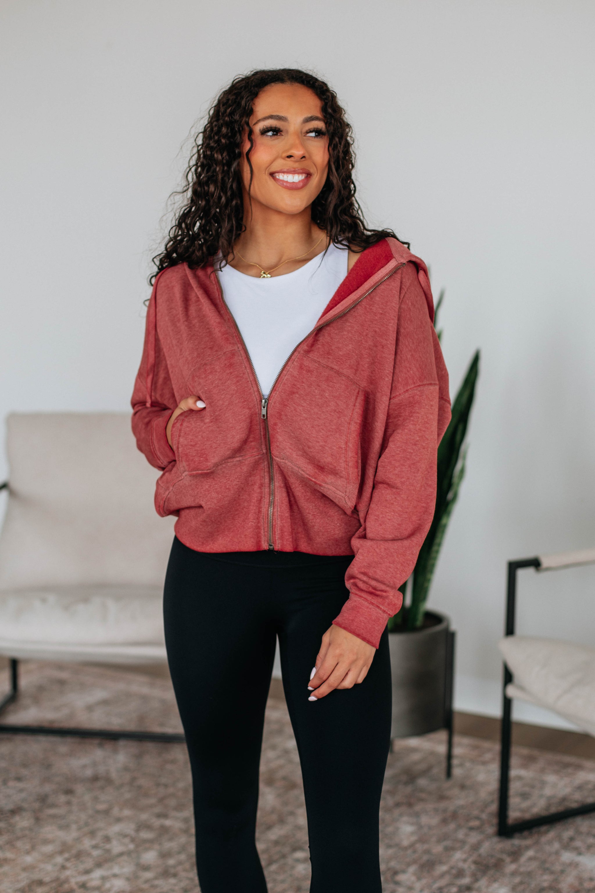 Maxwell Washed Zip-Up Hoodie - Dusty Red