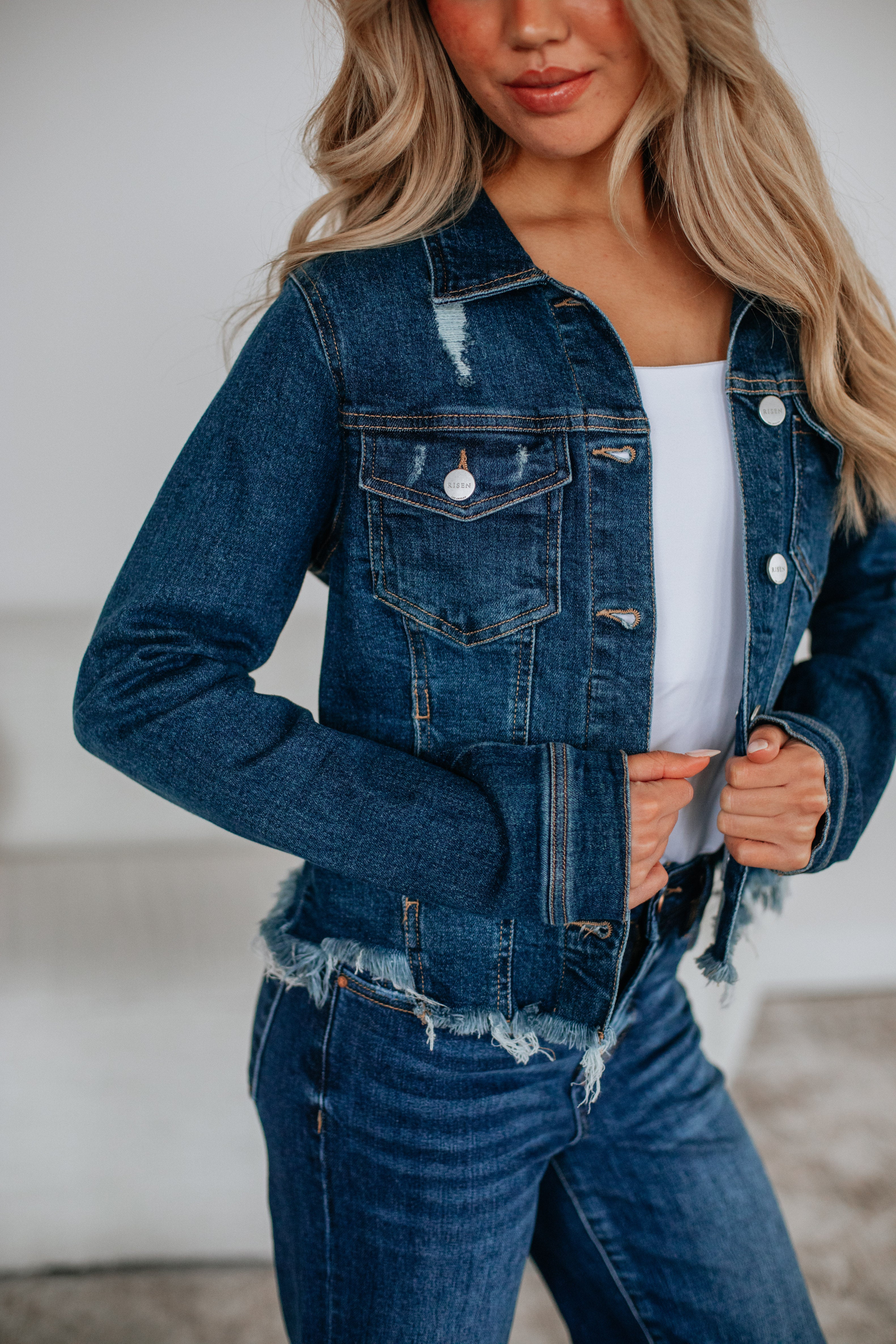 Gemma Risen Denim Jacket - Deep Blue – Wild Oak Boutique