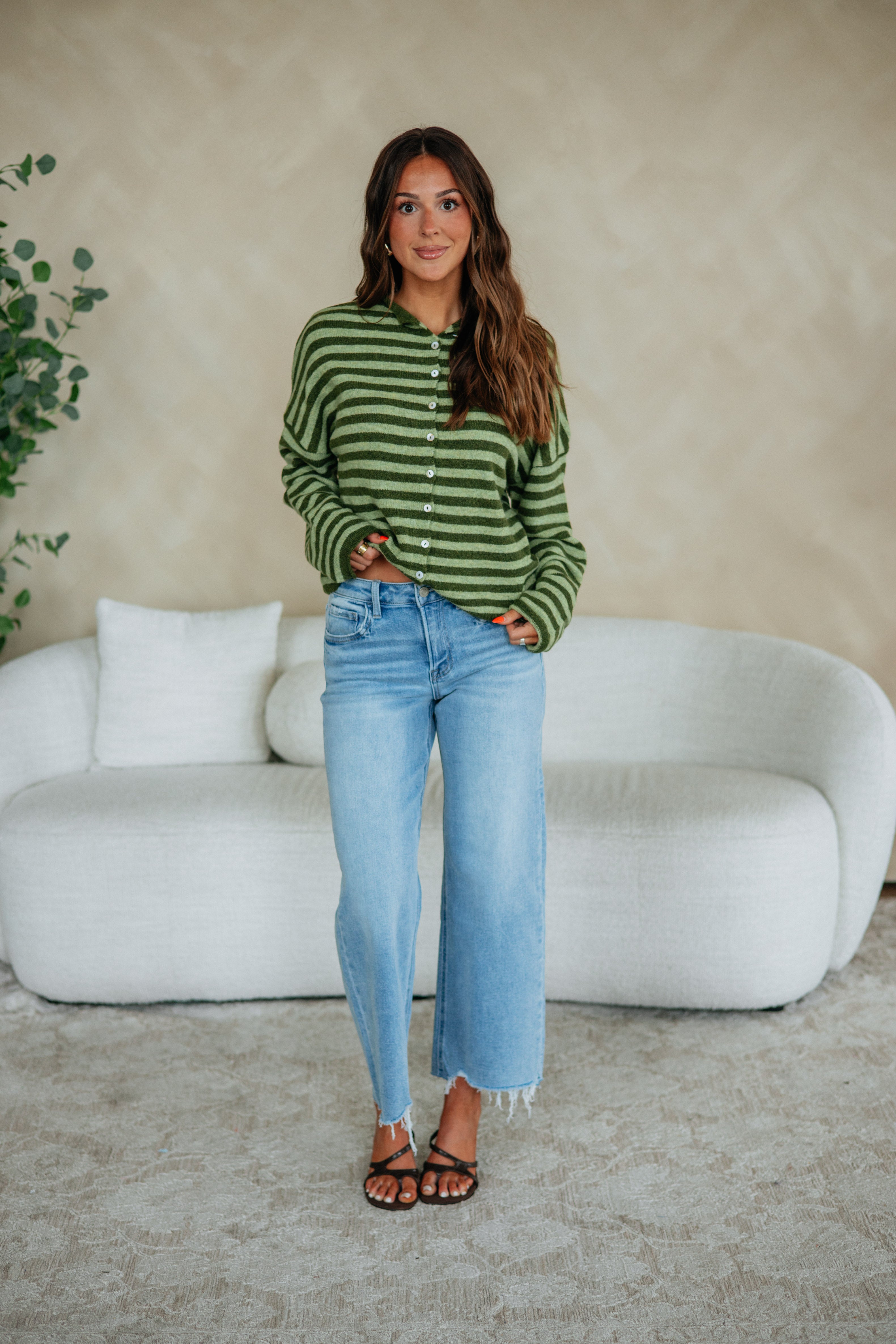 Brooke Striped Cardigan - Moss Mix