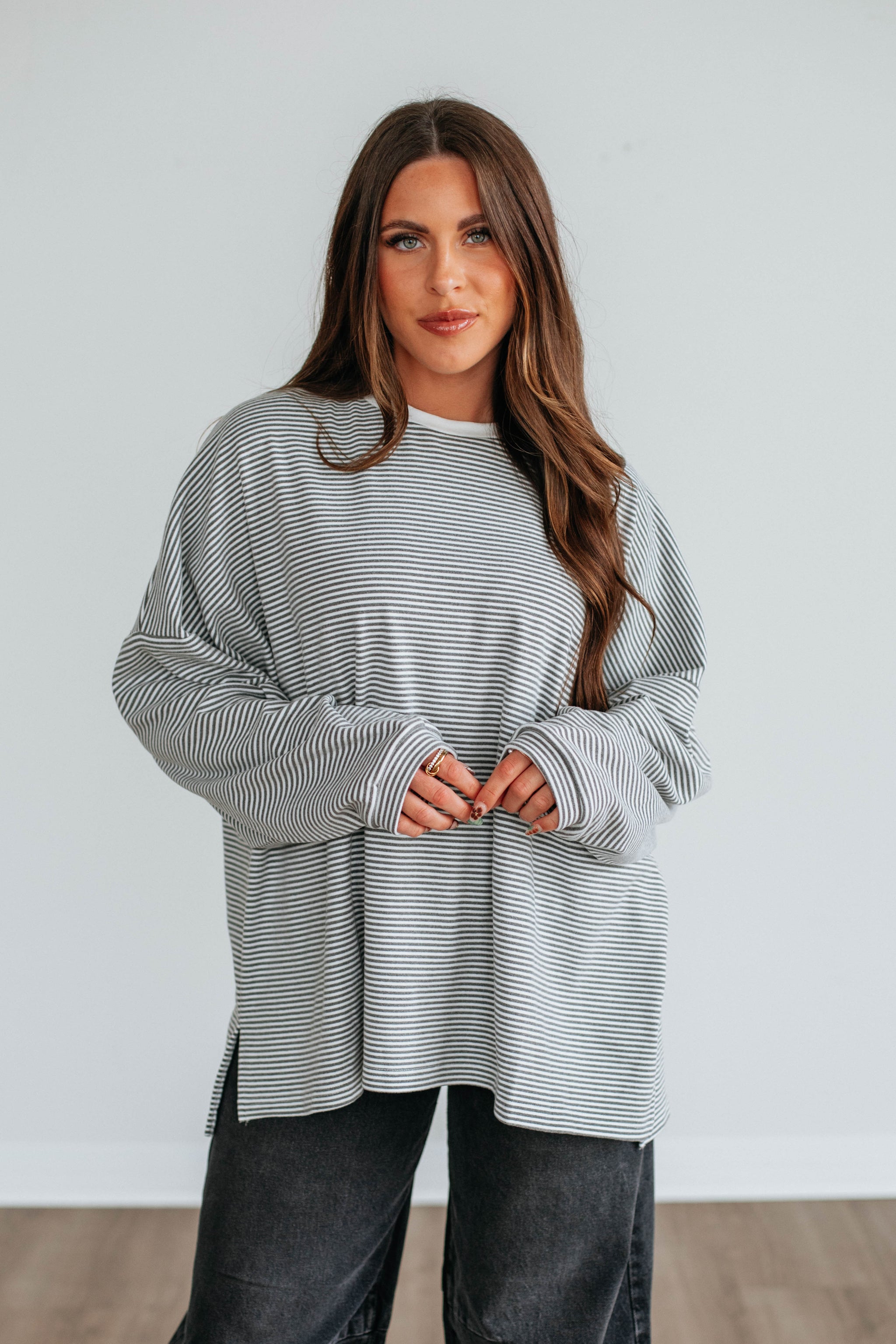 Cayla Striped Top - Charcoal Mix