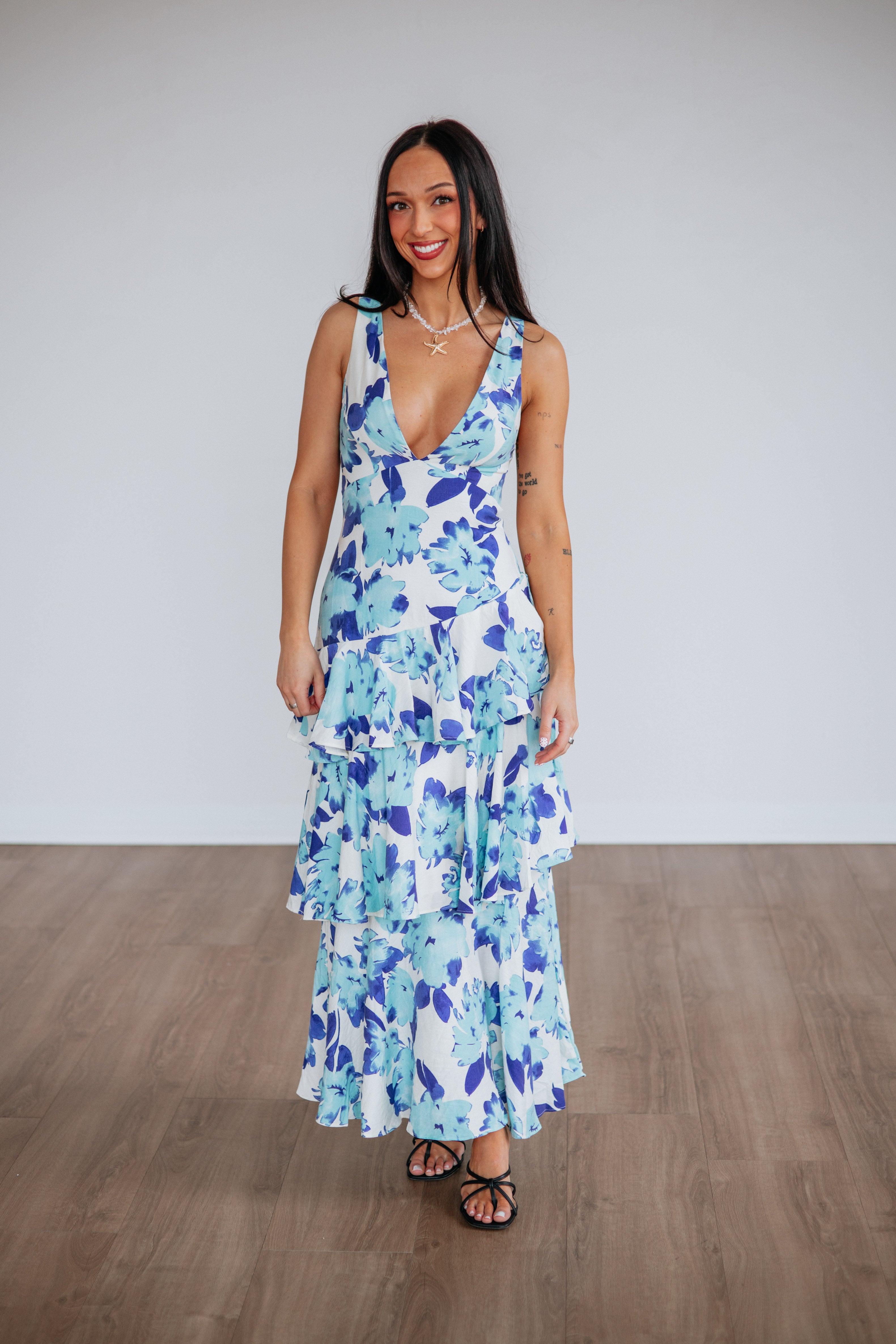 christina floral maxi dress Hyacinth House French Blue Floral Toile Christina Maxi Dress French Blue Floral Toile / XL