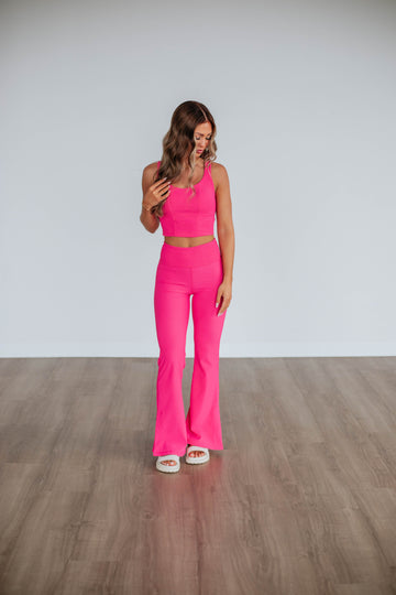 Zinia Ribbed Flare Leggings - Hot Pink