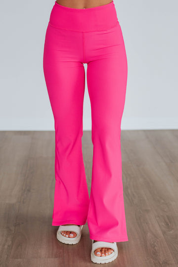 Zinia Ribbed Flare Leggings - Hot Pink