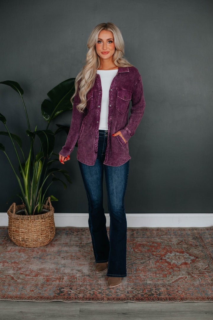 Zolee Waffle Knit Shacket - Deep Plum