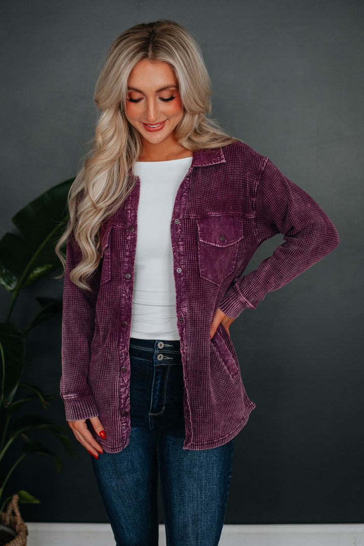 Zolee Waffle Knit Shacket - Deep Plum