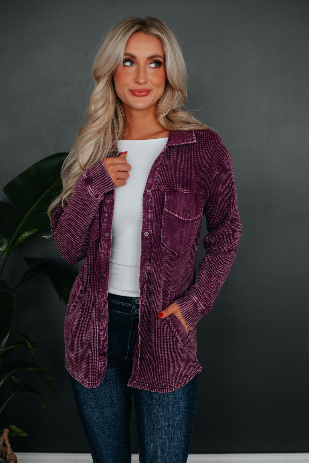 Zolee Waffle Knit Shacket - Deep Plum