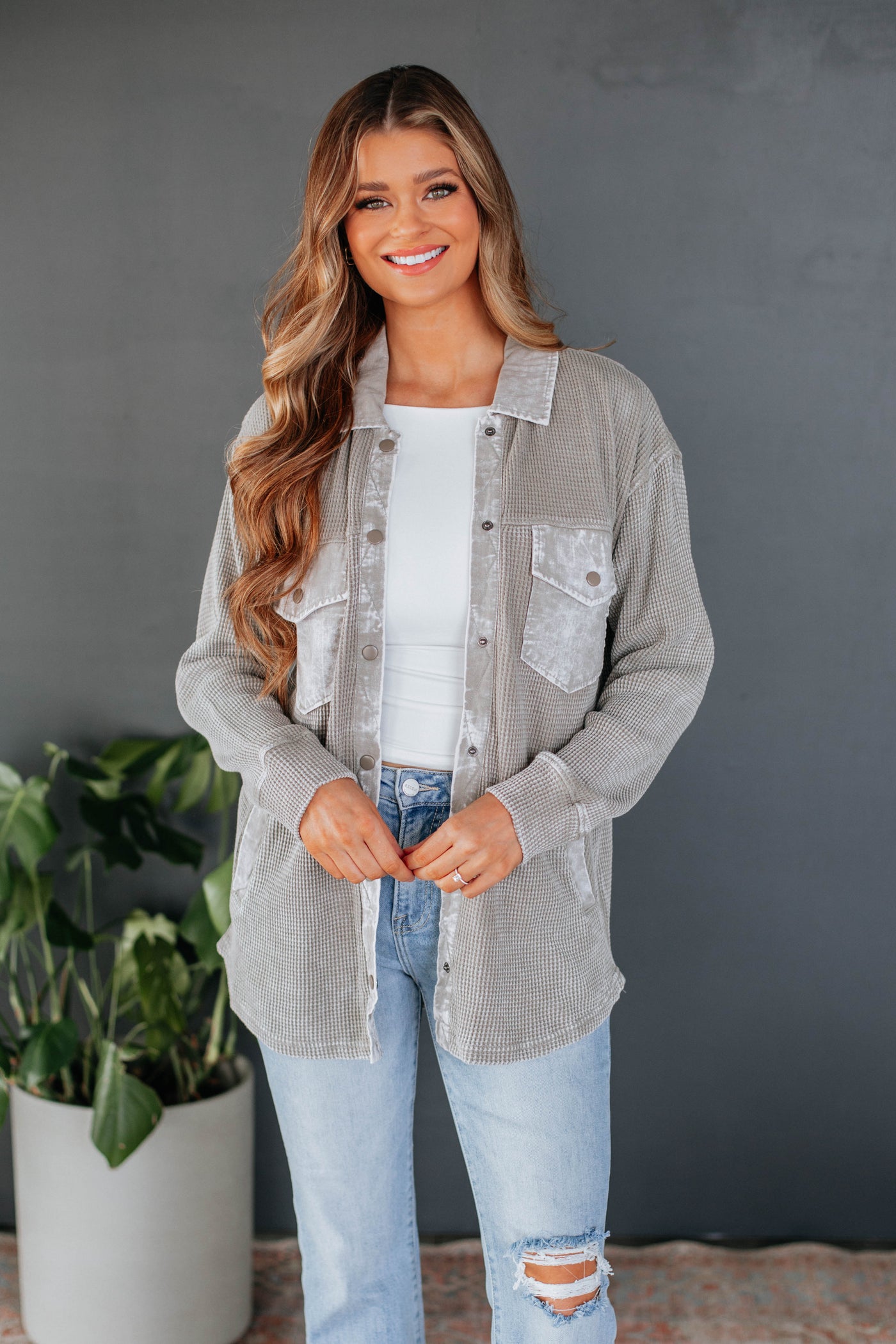 Zolee Waffle Knit Shacket - Stone